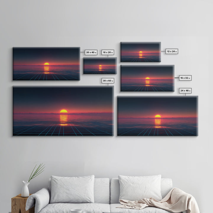Retro Futuristic Sunset Over Ocean With Neon Grid Horizon Wall Art Modern Digital Canvas Print For Home
