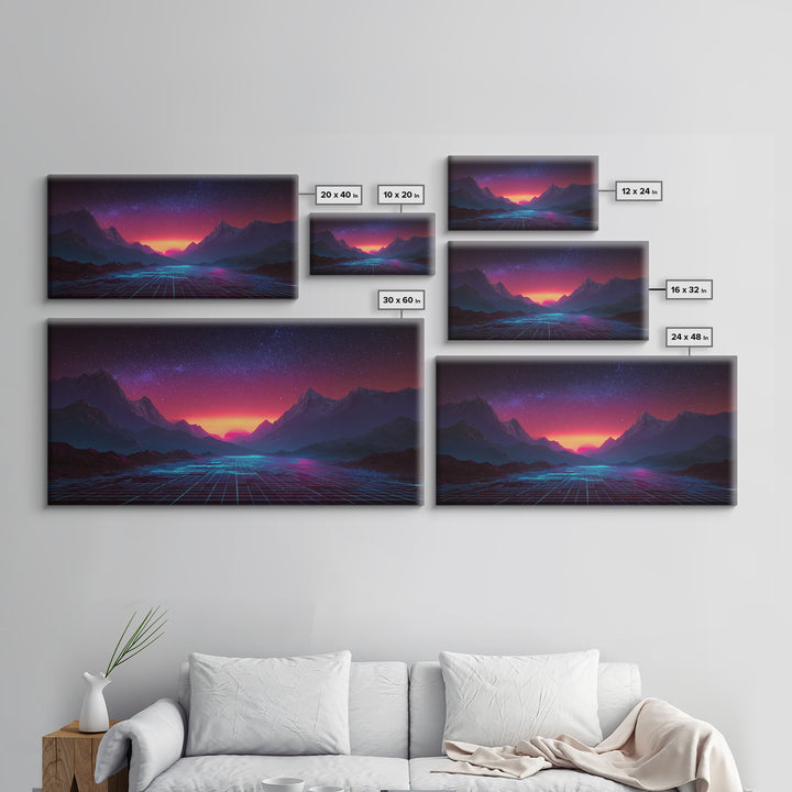 Futuristic Cyberpunk Landscape With Neon Mountains And Grid Canvas Print Modern Wall Art Home Decor Abstract Wall Decor