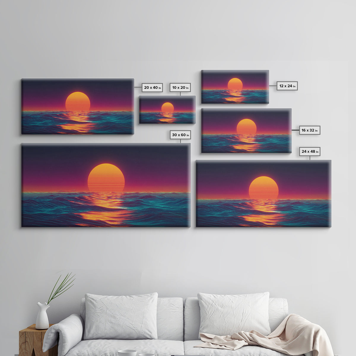 Retro Futuristic Neon Sunset Over Ocean Vibrant Wave Wall Art Canvas Print For Modern Living Room Decor