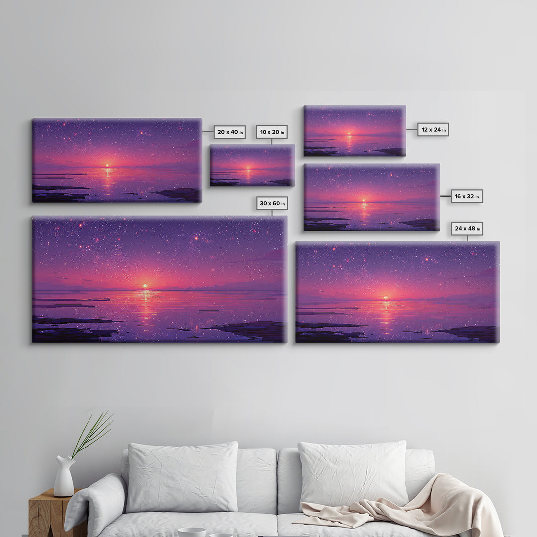 Starry Purple Night Sunset Over Calm Lake Landscape Wall Art Framed Canvas Print With Dreamy Celestial Sky And Tranquil Water Reflections