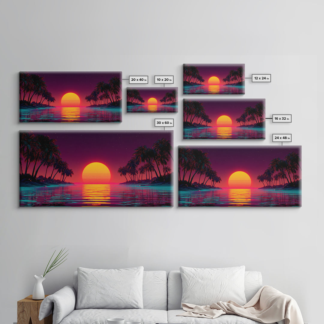 Vibrant Sunset Over Tropical Beach With Palm Trees Canvas Print Colorful Wall Art Modern Coastal Decor