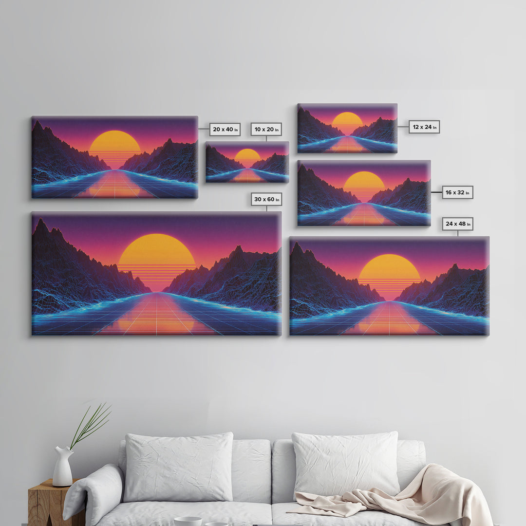 Retro Futuristic Neon Sunset Landscape With Grid Road Abstract Digital Canvas Print Modern Wall Art For Bedroom And Office Decor