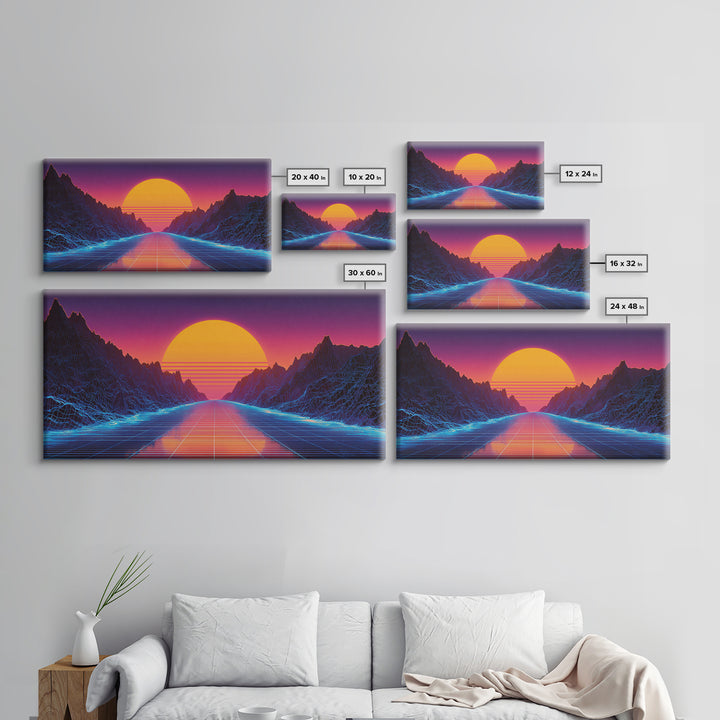 Retro Futuristic Neon Sunset Landscape With Grid Road Abstract Digital Canvas Print Modern Wall Art For Bedroom And Office Decor