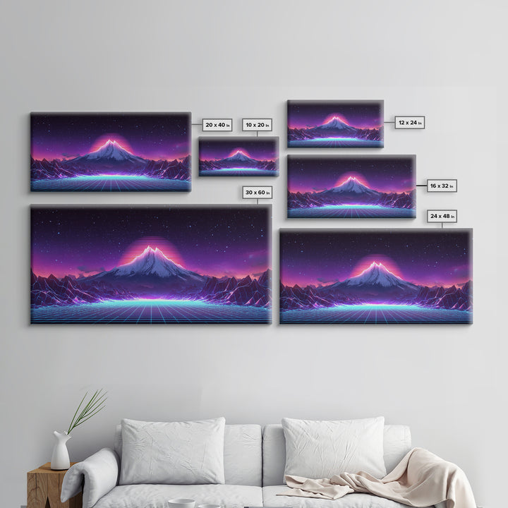 Retro Futuristic Digital Landscape Of Neon Grid And Majestic Mountain Scene Wall Art Modern Canvas Print For Unique Decor