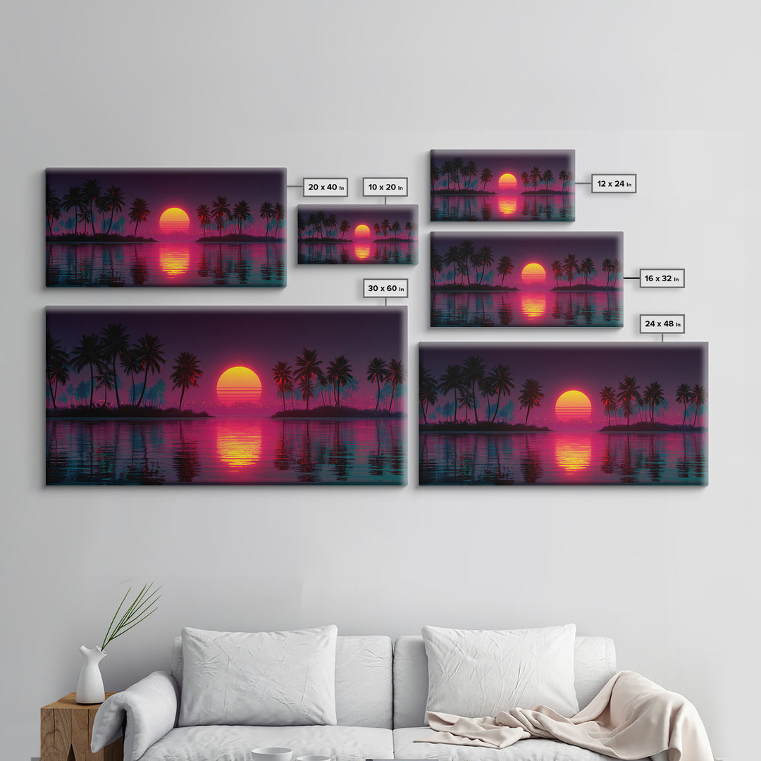 Vibrant Retro Sunset With Palm Trees Coastal Wall Art Framed Canvas Print For Tropical Home Decor