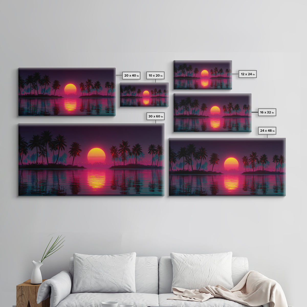 Vibrant Retro Sunset With Palm Trees Coastal Wall Art Framed Canvas Print For Tropical Home Decor
