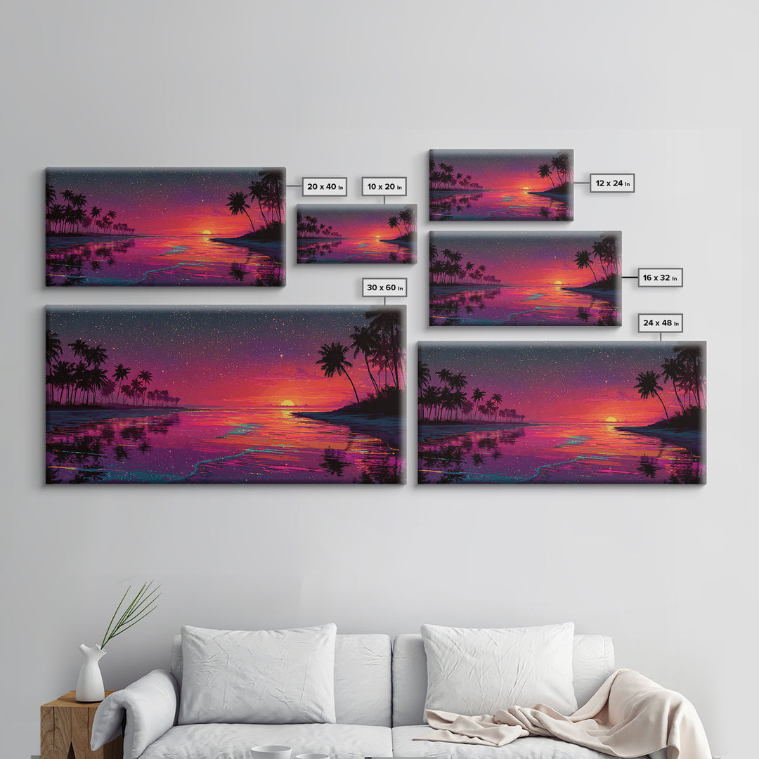 Vibrant Sunset Over Tropical Beach With Palm Trees And Colorful Reflection Canvas Print Modern Wall Art
