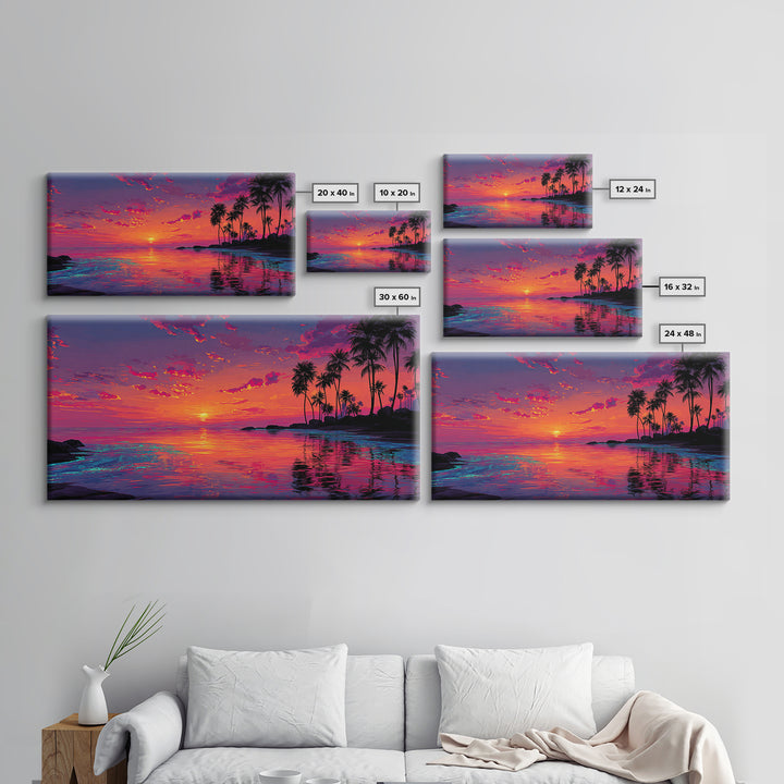 Beautiful Tropical Sunset Over Calm Ocean With Palm Trees Coastal Wall Art Framed Canvas Print For Bedroom Or Vacation Home Decor