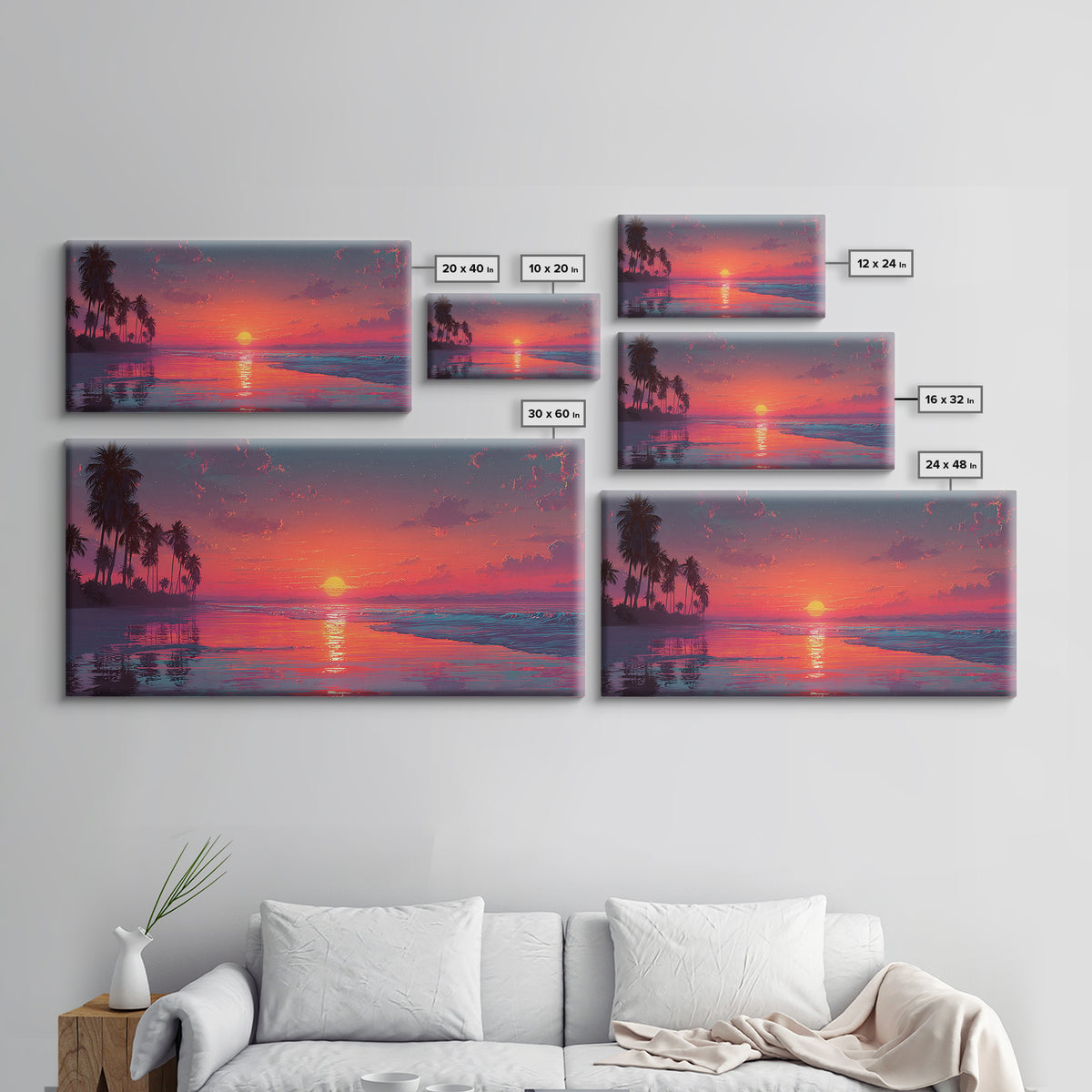 Tropical Sunset Over Calm Ocean With Palm Trees Beautiful Nature Scene Wall Art Framed Canvas Print For Home Decor