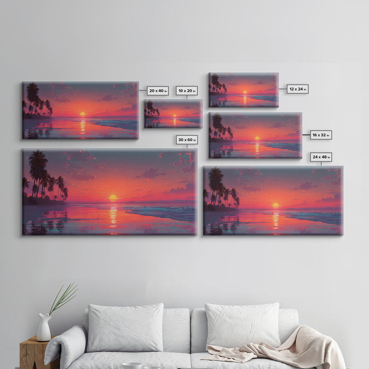 Tropical Sunset Over Calm Ocean With Palm Trees Beautiful Nature Scene Wall Art Framed Canvas Print For Home Decor