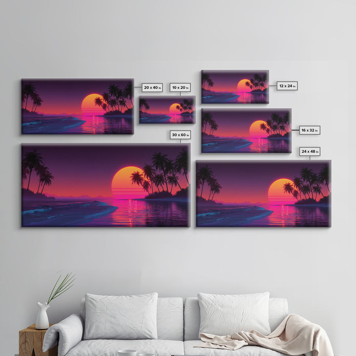 Retro Neon Sunset Over Ocean With Palm Trees And Vibrant Pink Horizon Tropical Wall Art Framed Canvas Print For Coastal Decor
