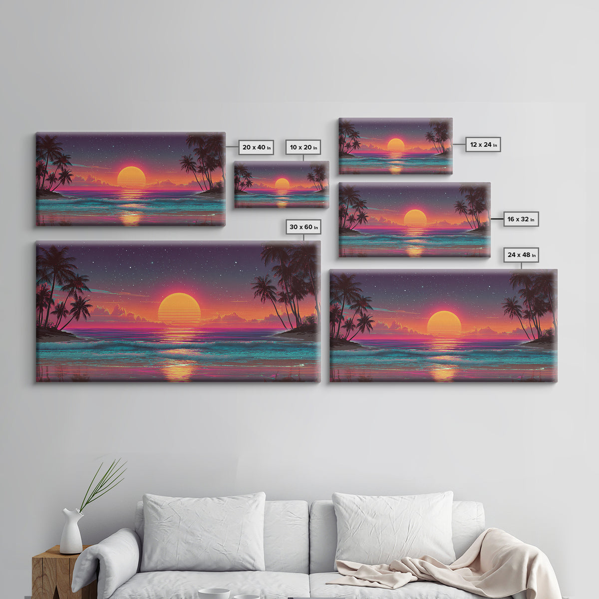 80s Style Digital Sunset Beach Scene With Palm Trees Retro Aesthetic Coastal Wall Art