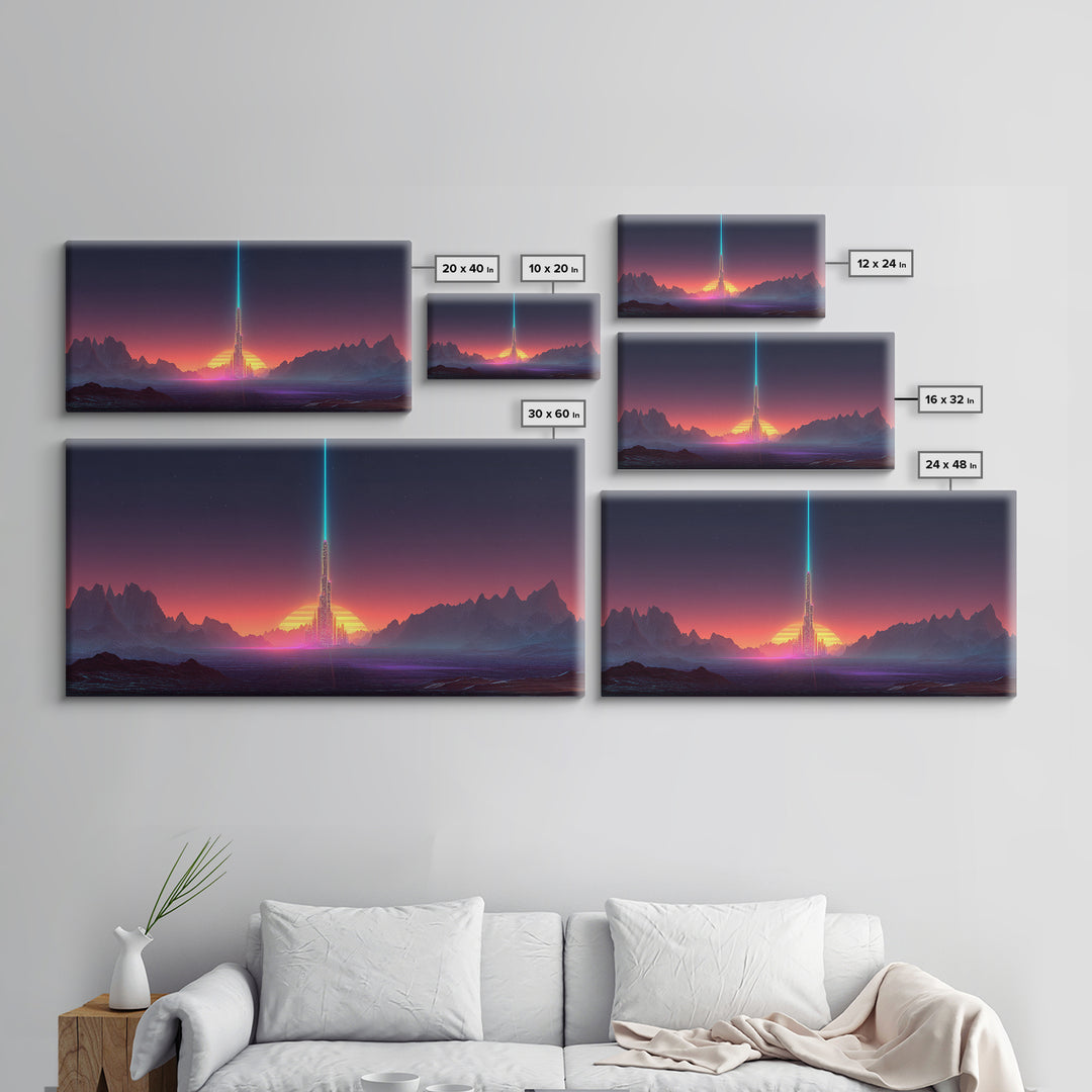 Digital Art Cityscape With Tower And Neon Beam At Sunset Colorful Futuristic Wall Art Framed Canvas Print