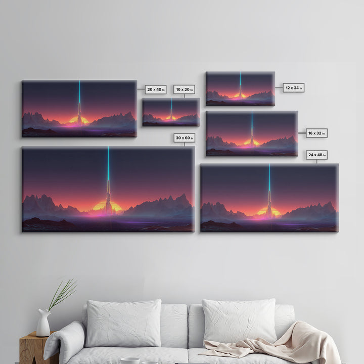 Digital Art Cityscape With Tower And Neon Beam At Sunset Colorful Futuristic Wall Art Framed Canvas Print