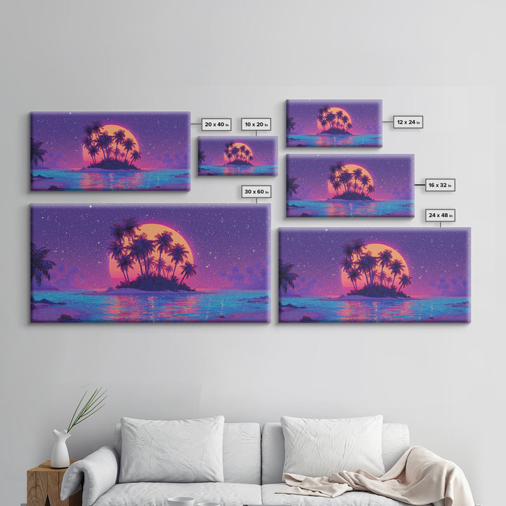 Vibrant Neon Sunset Over Tropical Island With Palm Trees Canvas Print For Modern Wall Art Home Decor