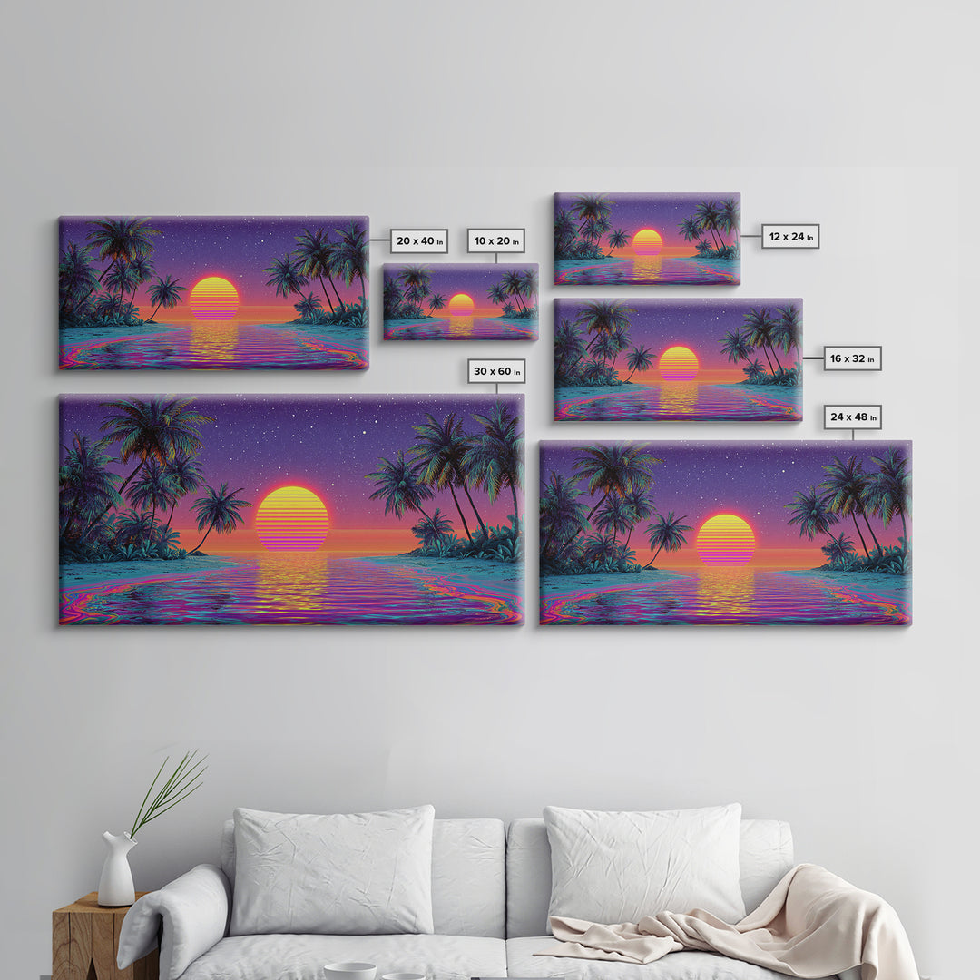 Vibrant Neon Tropical Sunset With Palm Trees And Starry Sky Beach Wall Art Modern Wall Decor Canvas Print