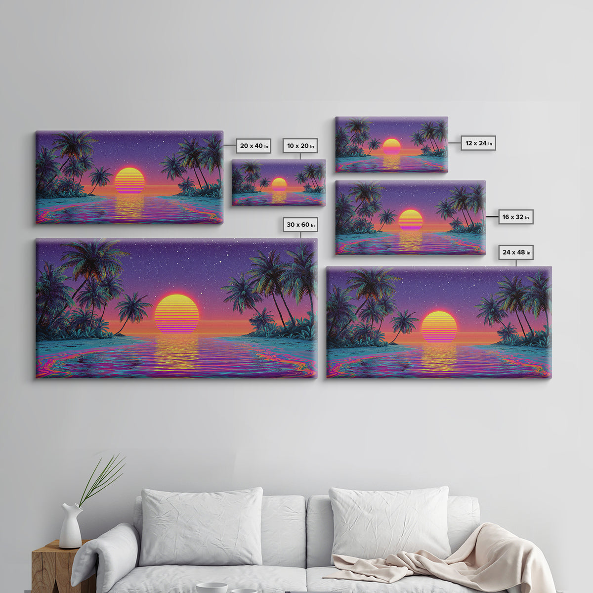 Vibrant Neon Tropical Sunset With Palm Trees And Starry Sky Beach Wall Art Modern Wall Decor Canvas Print