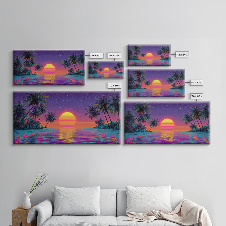 Vibrant Neon Tropical Sunset With Palm Trees And Starry Sky Beach Wall Art Modern Wall Decor Canvas Print