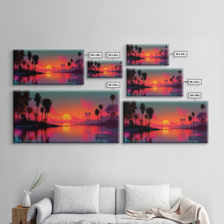 Vivid Pink Orange Tropical Sunset Over Calm Ocean With Palm Trees Coastal Wall Art Framed Canvas Print Bohemian Beach Home Decor Wall Decor
