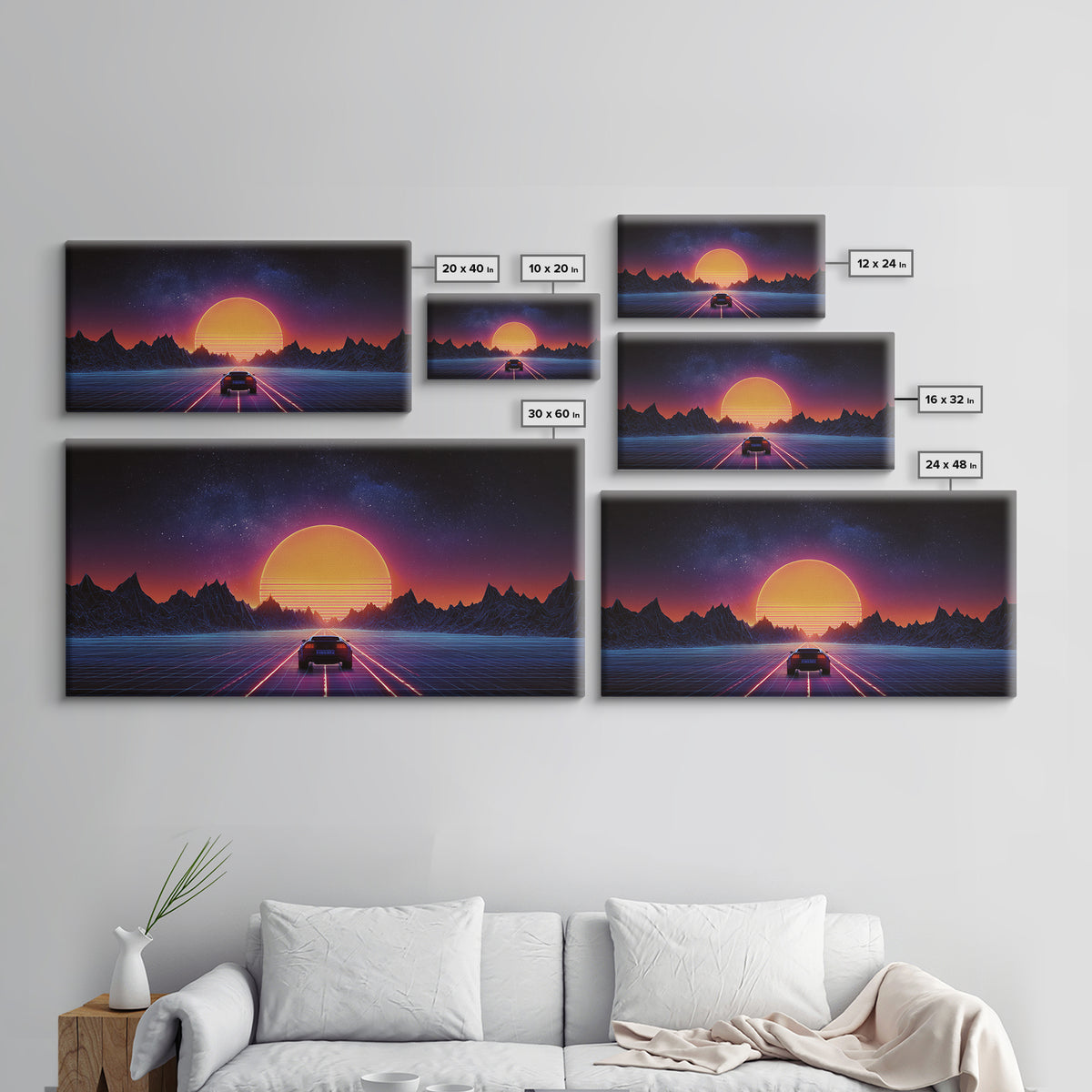 Retro Futuristic 80s Style Neon Sunset With Grid Road And Mountains Vibrant Digital Artwork Ideal For Gaming Room Wall Art And Modern Home Decor Canvas Print