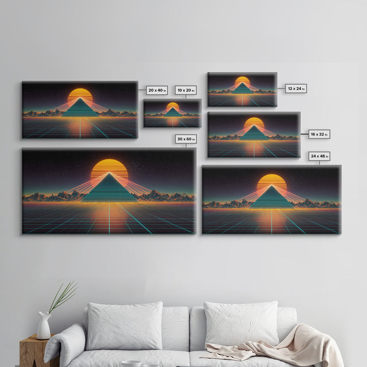 Futuristic Neon Pyramid With Laser Lights At Sunset Digital Artwork, Modern Wall Art Framed Canvas Print For Contemporary Home Decor