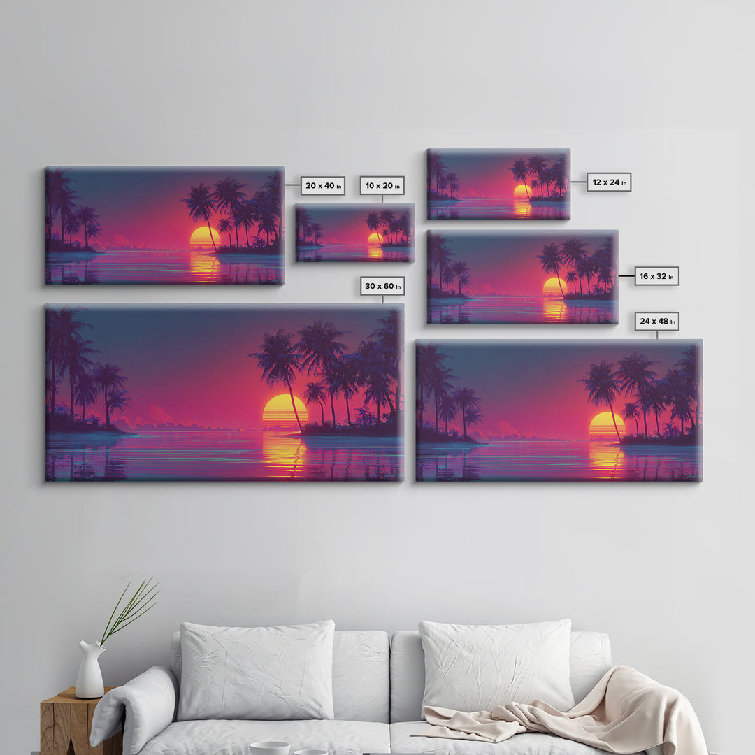 Vibrant Retro Sunset Beach Scene With Palm Trees And Ocean Reflection Wall Art
