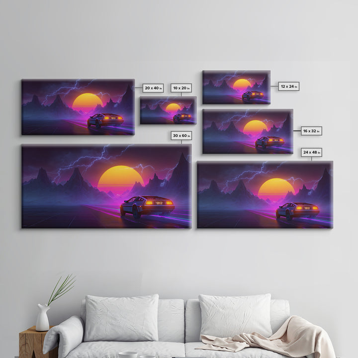 Retro Futuristic Neon Landscape With DeLorean Car Canvas Print Synthwave Wall Art Abstract Wall Decor Modern Home Decor