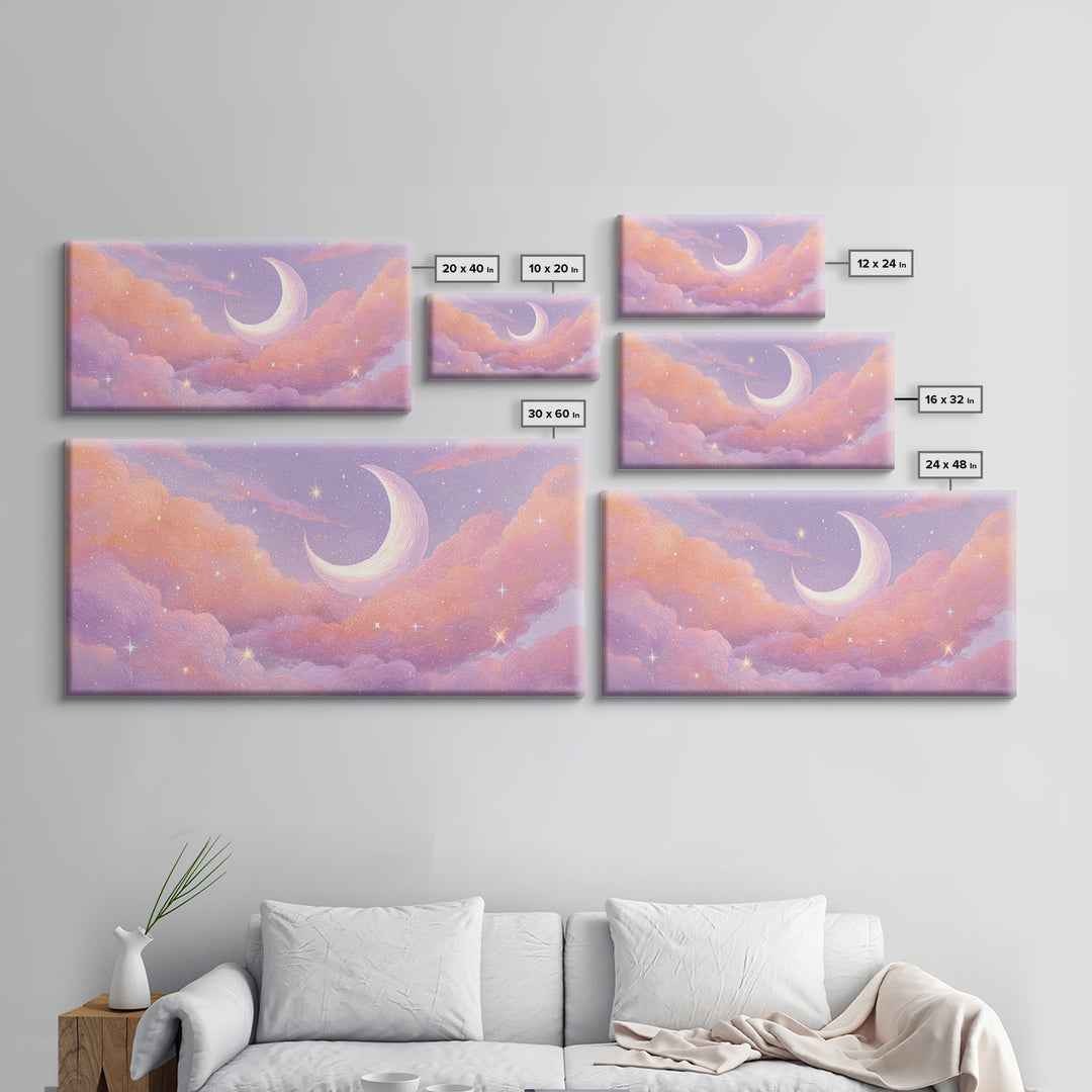 Pastel Crescent Moon In Pink Clouds Wall Art, Celestial Nursery Decor, Dreamy Bedroom Print, Whimsical Starry Sky, Aesthetic Room Decor
