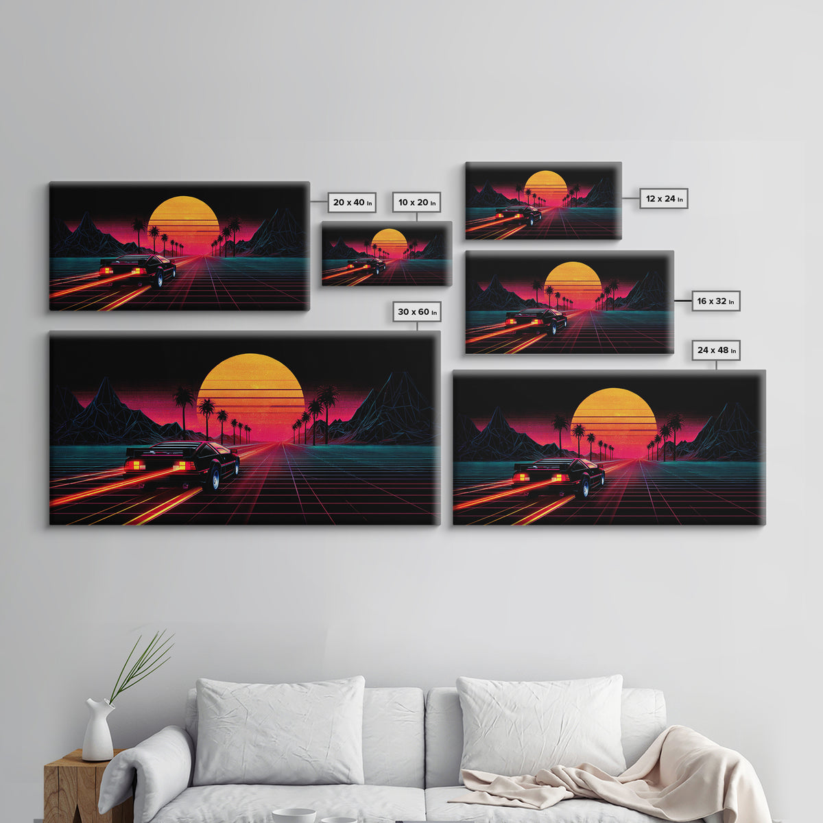 Retro Futuristic Sunset With Sportscar And Palm Trees Neon Vibes Canvas Print For Gaming Room Or Office Decor