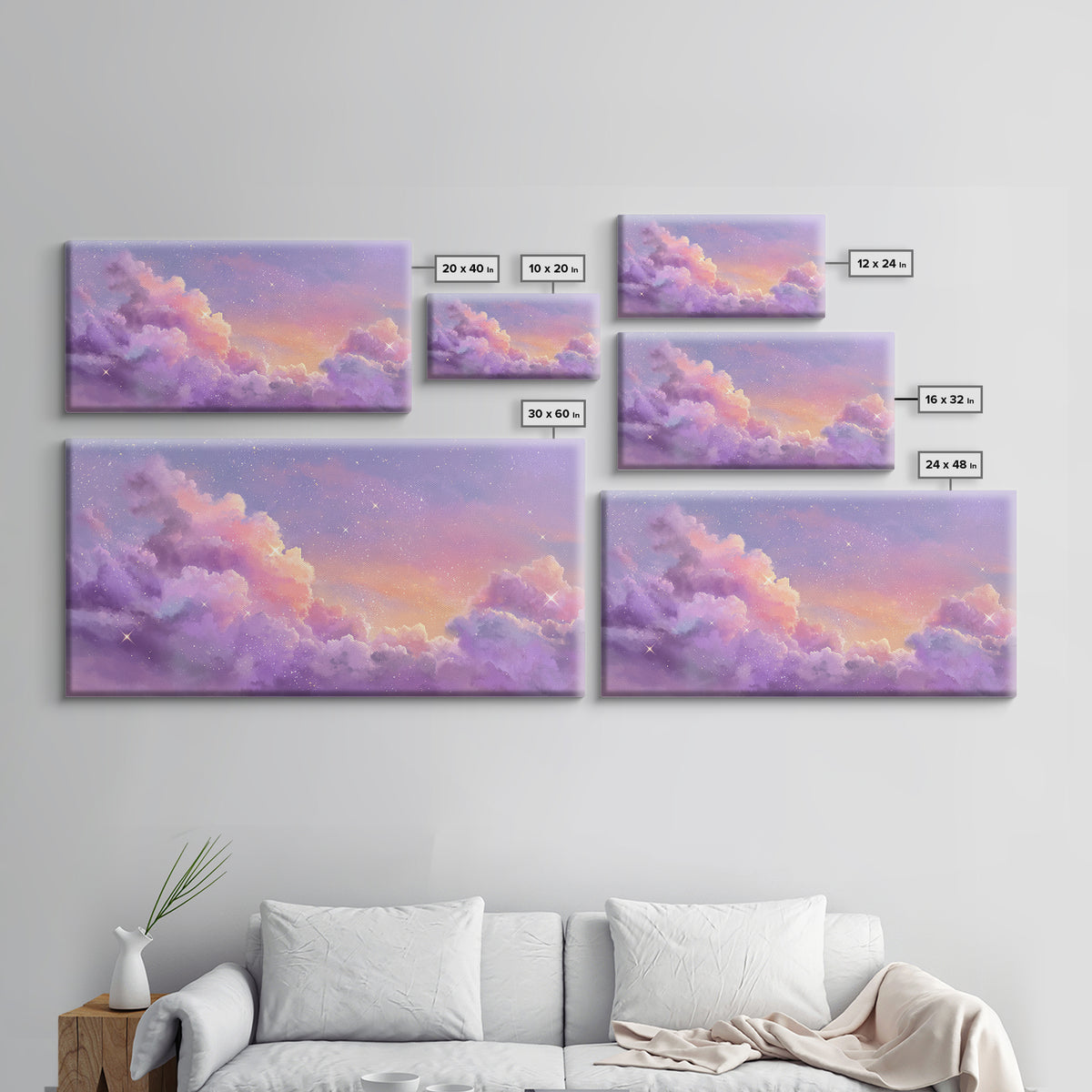 Purple Starry Clouds At Sunset Canvas Print, Dreamy Celestial Wall Decor, Pastel Sky Bedroom Art, Whimsical Room Decor Gift