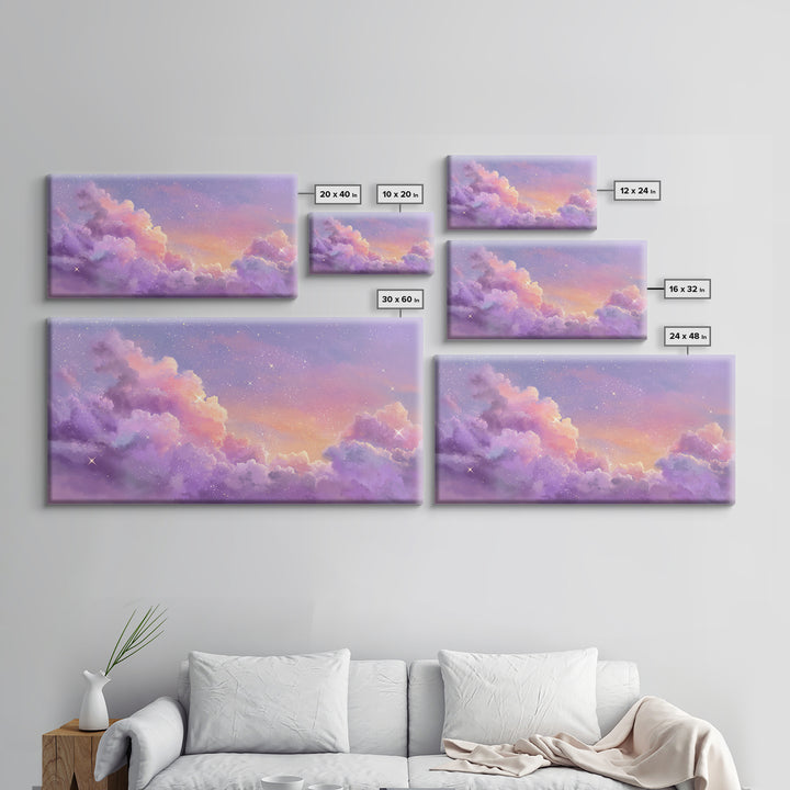 Purple Starry Clouds At Sunset Canvas Print, Dreamy Celestial Wall Decor, Pastel Sky Bedroom Art, Whimsical Room Decor Gift