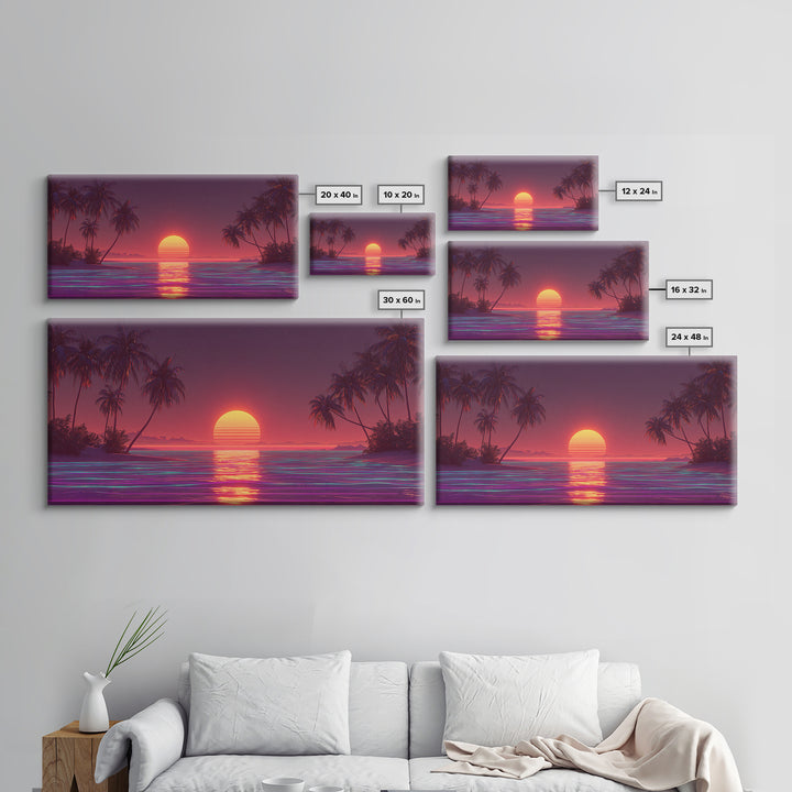 Vibrant Neon Red Sunset Over Ocean With Palm Trees Canvas Print Colorful Coastal Wall Art Tropical Beach Decor