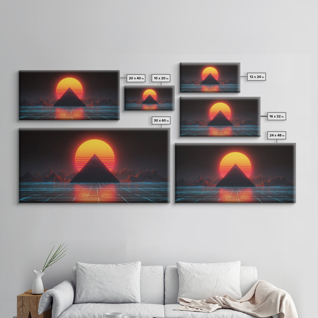Retro Futuristic Neon Pyramid Sunset Sci Fi Digital Artwork Wall Art For Modern Home Office Decor Framed Canvas Print