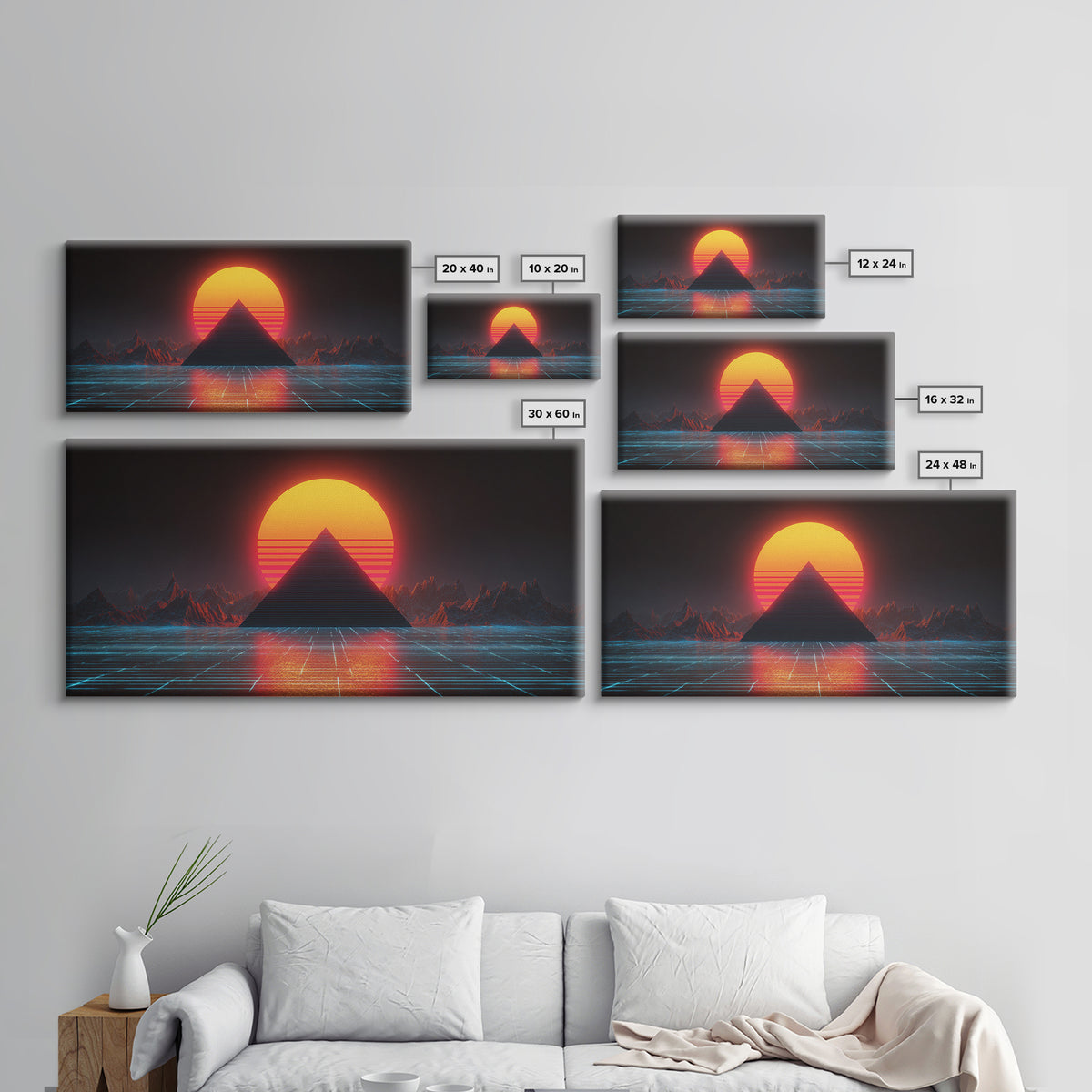 Retro Futuristic Neon Pyramid Sunset Sci Fi Digital Artwork Wall Art For Modern Home Office Decor Framed Canvas Print