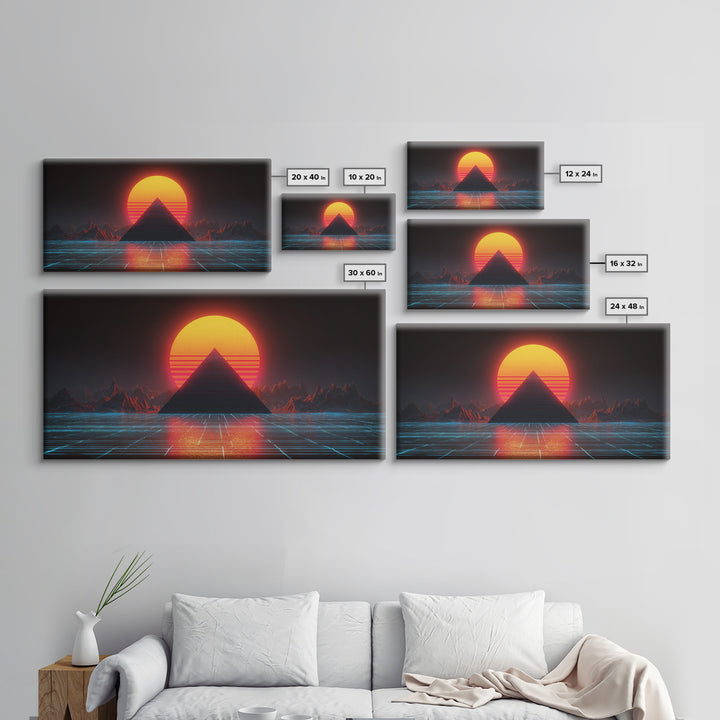 Retro Futuristic Neon Pyramid Sunset Sci Fi Digital Artwork Wall Art For Modern Home Office Decor Framed Canvas Print
