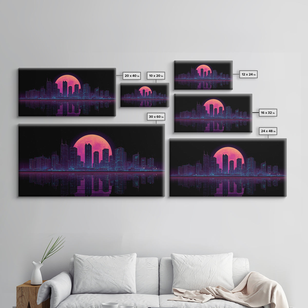 Futuristic Neon Cityscape Night Skyline With Pink Full Moon Canvas Print Urban Wall Art Print Decor