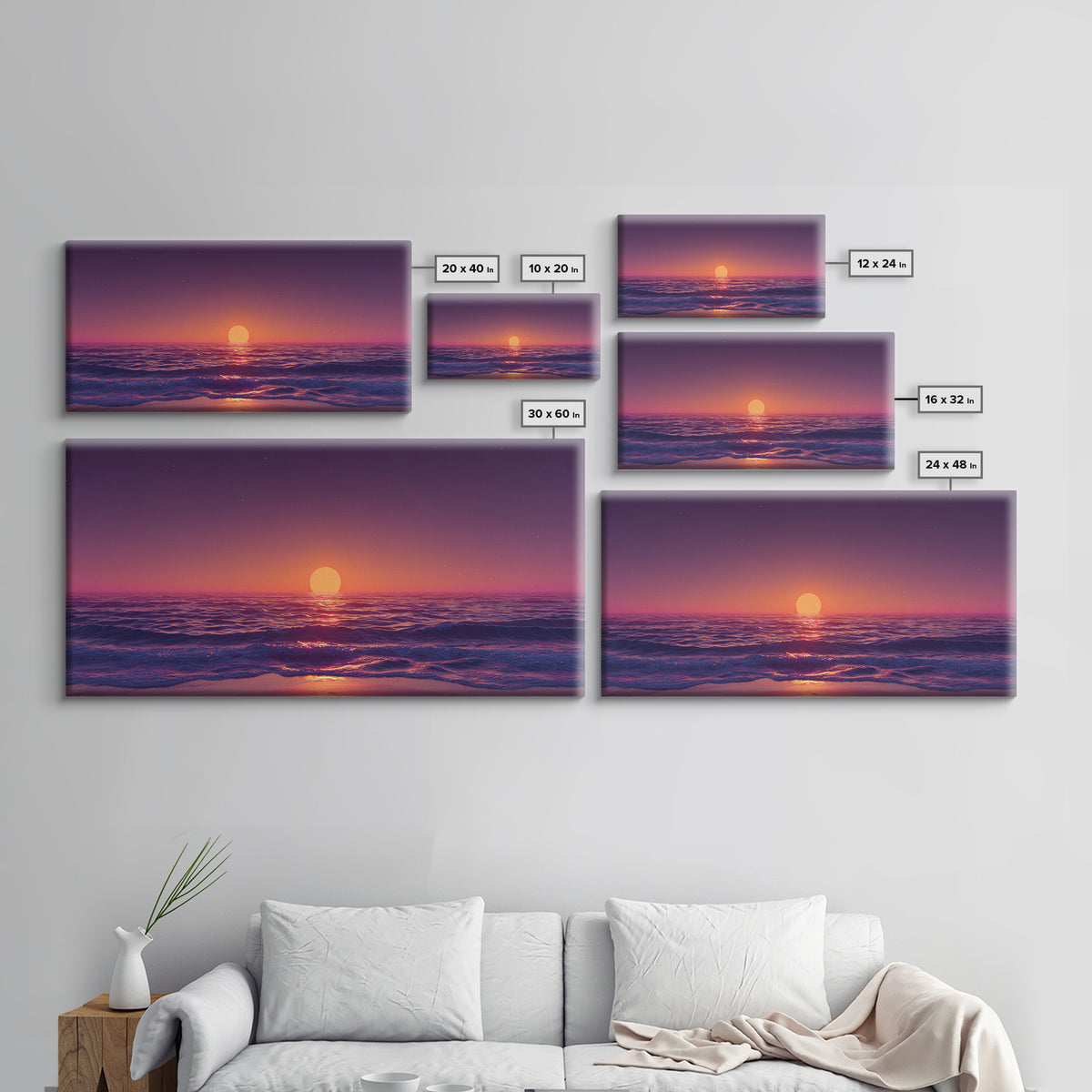 Vibrant Sunset Over Calm Ocean Waves With Pink And Purple Sky Beautiful Coastal Wall Art Framed Canvas Print For Bedroom Decor