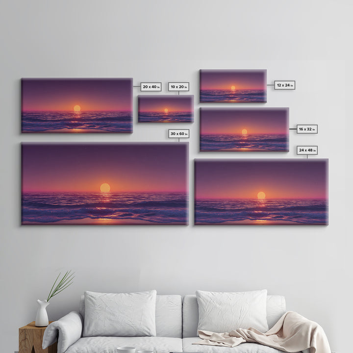 Vibrant Sunset Over Calm Ocean Waves With Pink And Purple Sky Beautiful Coastal Wall Art Framed Canvas Print For Bedroom Decor