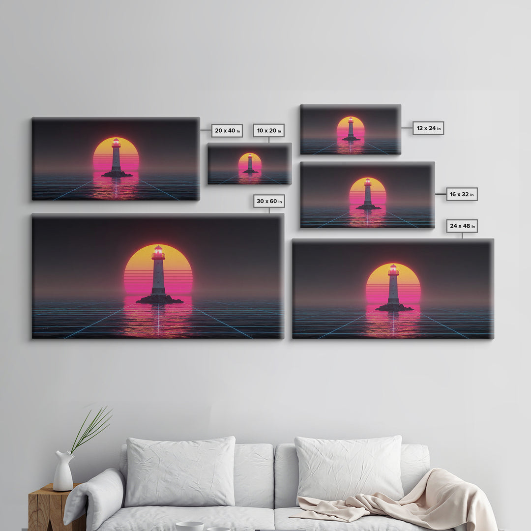 Retro Futuristic Neon Lighthouse Digital Painting Canvas Print Trendy Wall Art Modern Home Decor For Living Room And Office