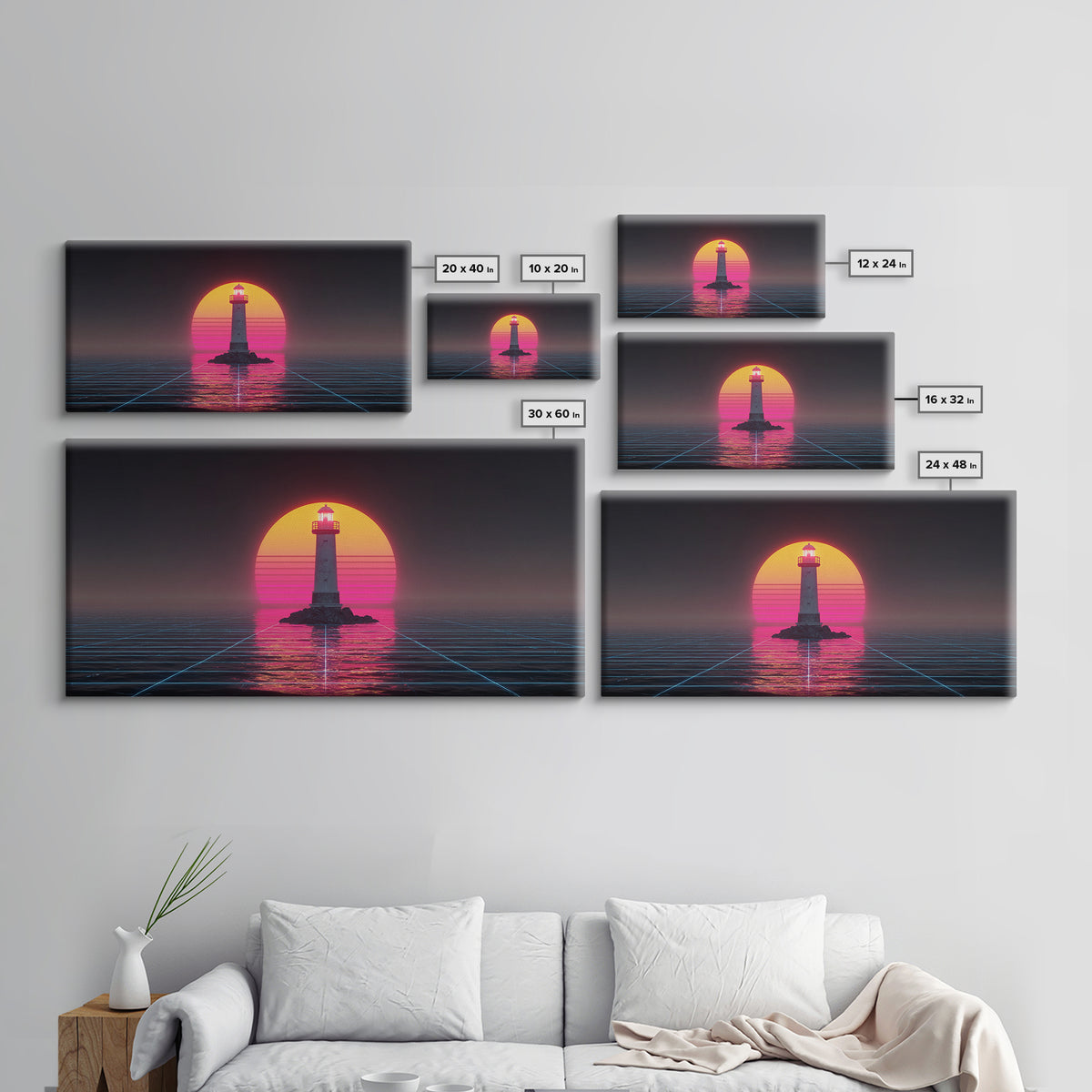 Retro Futuristic Neon Lighthouse Digital Painting Canvas Print Trendy Wall Art Modern Home Decor For Living Room And Office