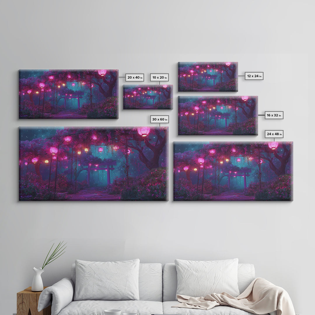 Tranquil Japanese Garden Pathway With Lanterns And Torii Gate At Night Atmospheric Wall Art Canvas Print