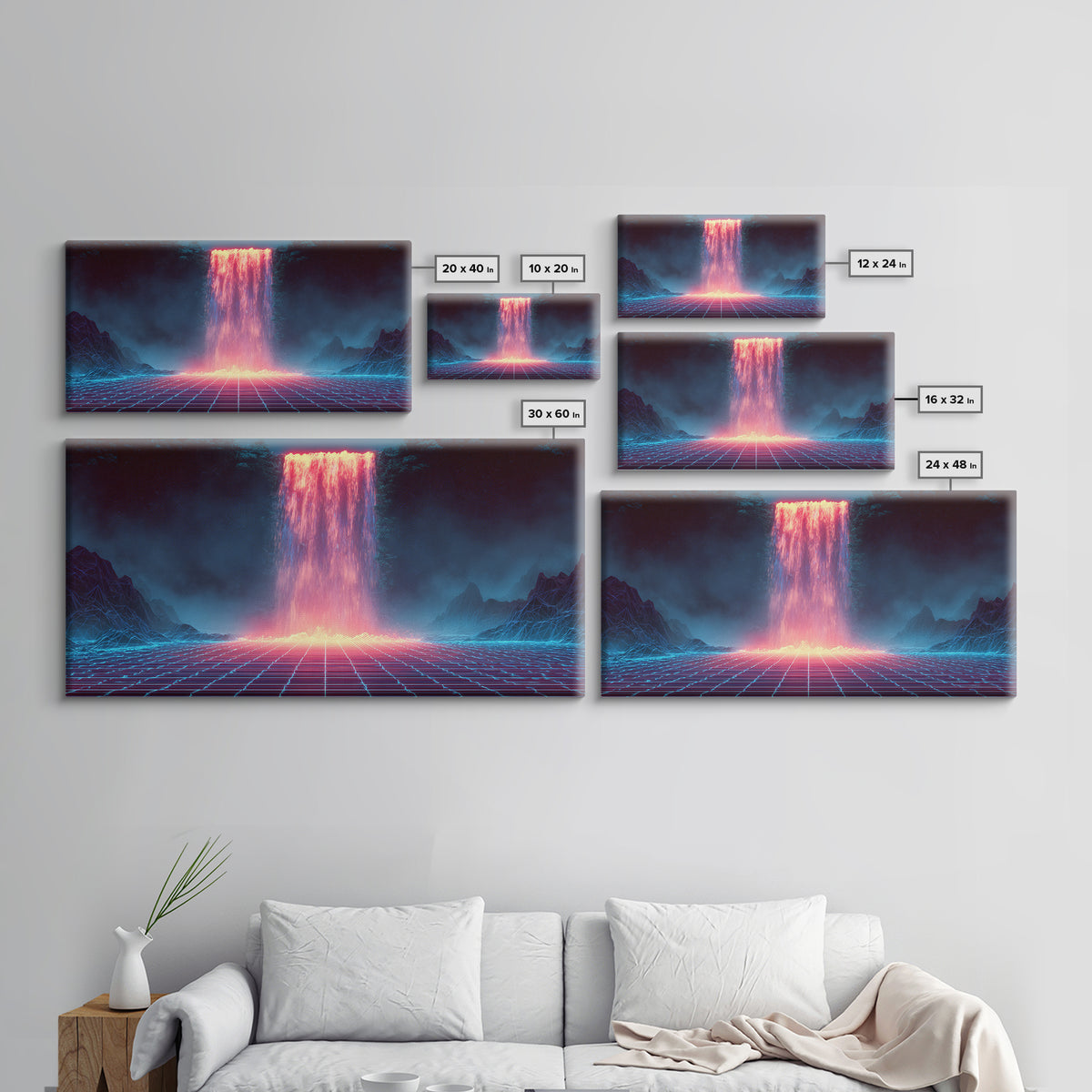 Glowing Neon Digital Waterfall With Futuristic Mountains Wall Art Framed Canvas Print Unique Modern Art Decor For Office Or Living Room
