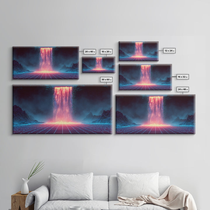Glowing Neon Digital Waterfall With Futuristic Mountains Wall Art Framed Canvas Print Unique Modern Art Decor For Office Or Living Room