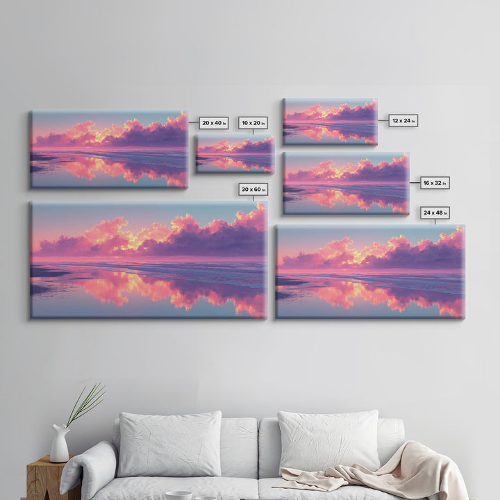 Surreal Pink Cloudy Beach Sunset Reflection Wall Art Framed Canvas Print For Living Room Home Decor Coastal Art