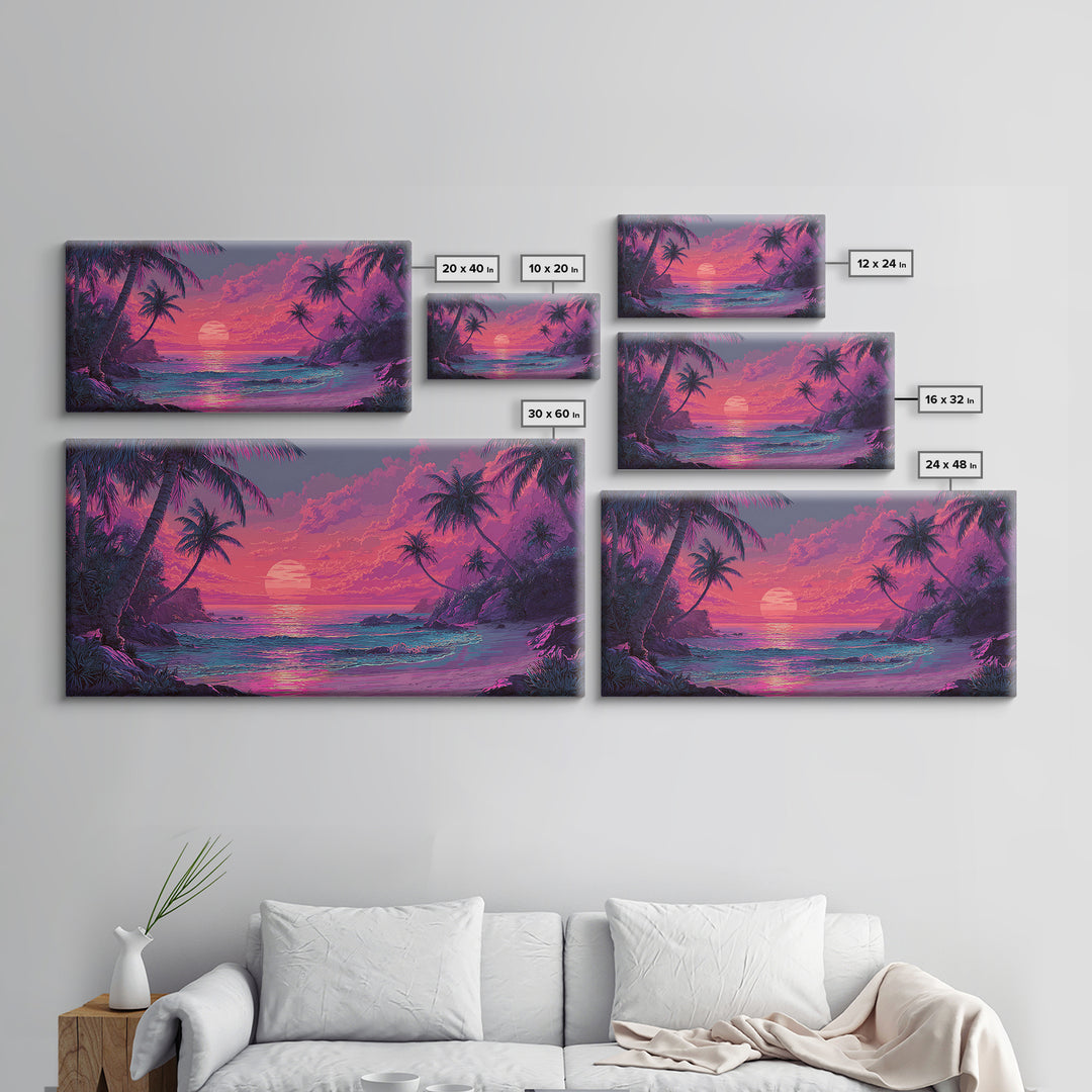 Tropical Pink Sunset Over Quiet Beach With Palm Trees Vibrant Coastal Wall Art Canvas Print For Modern Home Decor