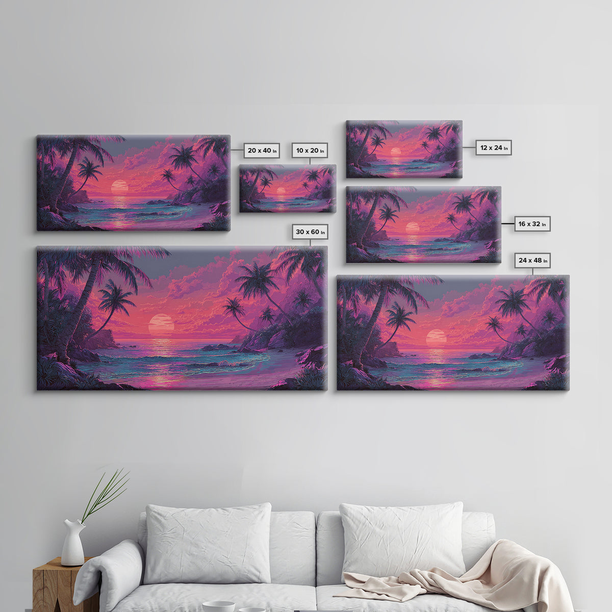 Tropical Pink Sunset Over Quiet Beach With Palm Trees Vibrant Coastal Wall Art Canvas Print For Modern Home Decor