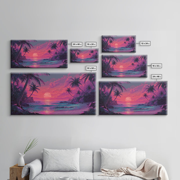 Tropical Pink Sunset Over Quiet Beach With Palm Trees Vibrant Coastal Wall Art Canvas Print For Modern Home Decor