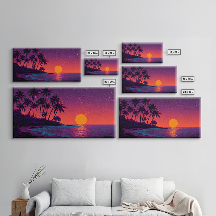 Pixel Art Vibrant Tropical Sunset Beach Scene With Palm Trees Retro Style Wall Art Framed Canvas Print For Coastal Decor