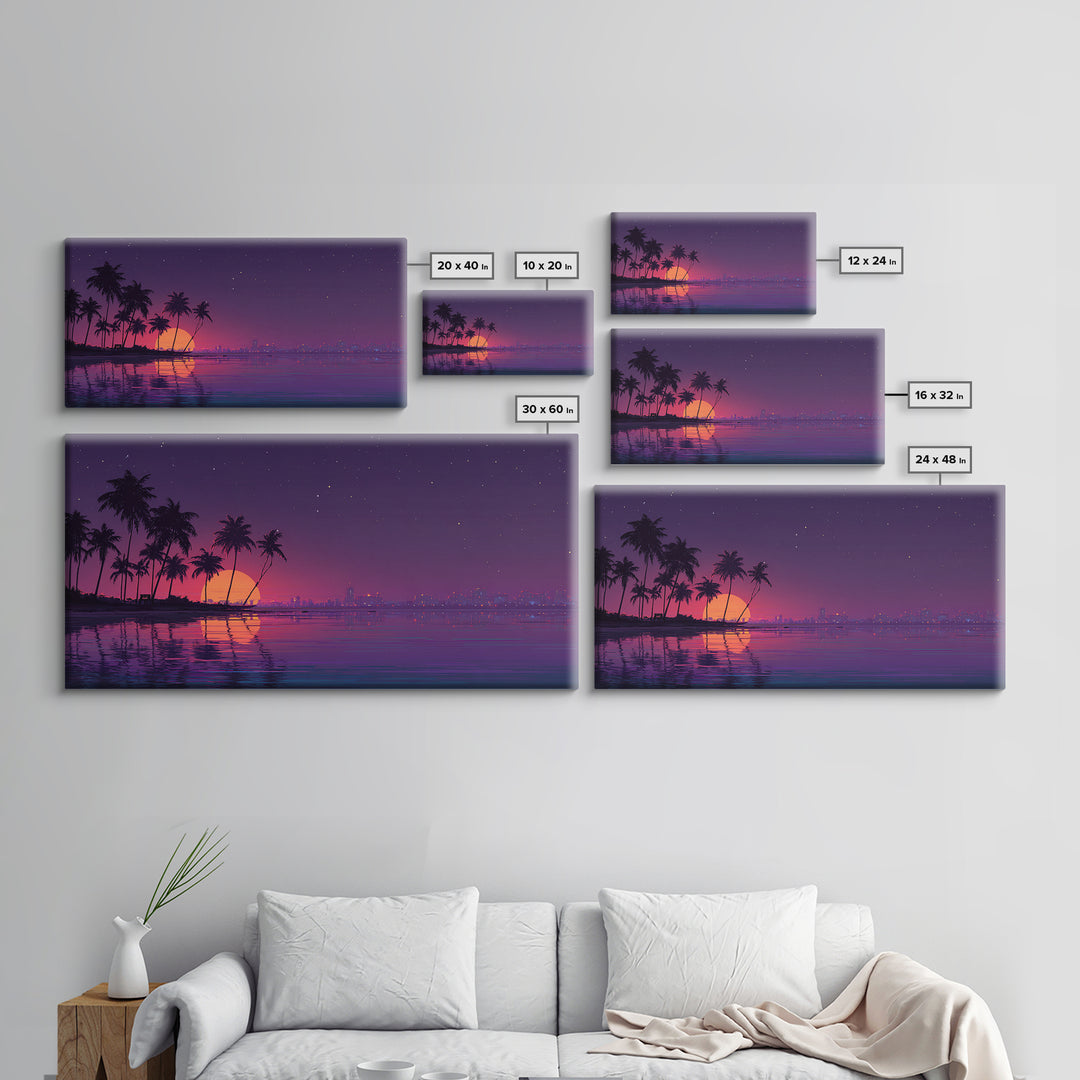 Digital Retro Sunset Beach Scene With Palm Trees Silhouettes Vibrant Coastal Wall Art Modern Wall Art Canvas Print