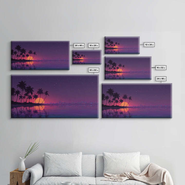 Digital Retro Sunset Beach Scene With Palm Trees Silhouettes Vibrant Coastal Wall Art Modern Wall Art Canvas Print